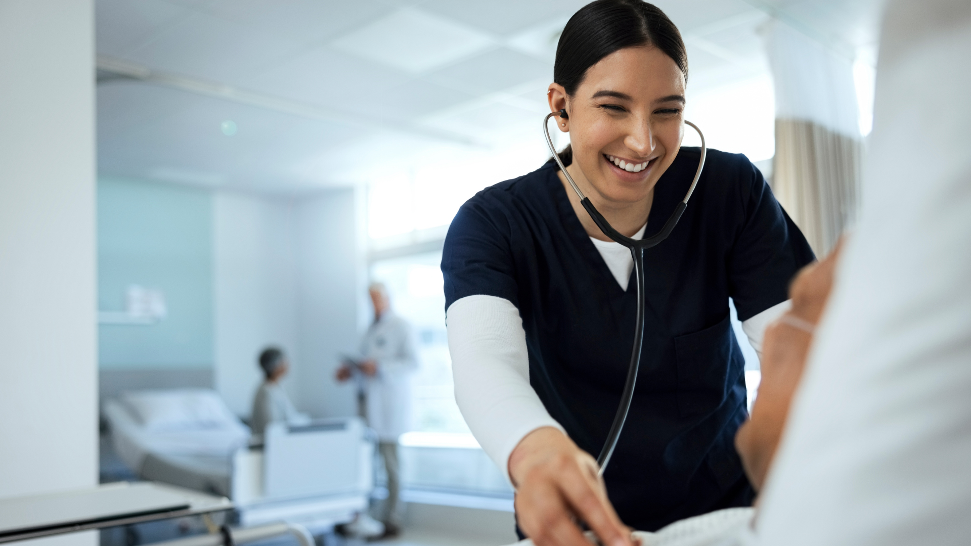  Female person or medical employee with stethoscope in examination at clinic