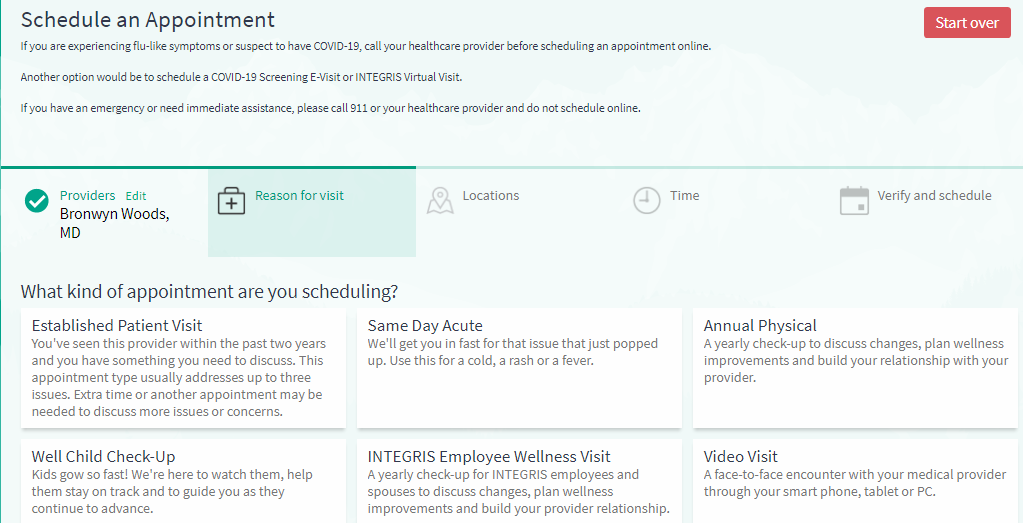 Types of appointments to schedule with an INTEGRIS Health doctor