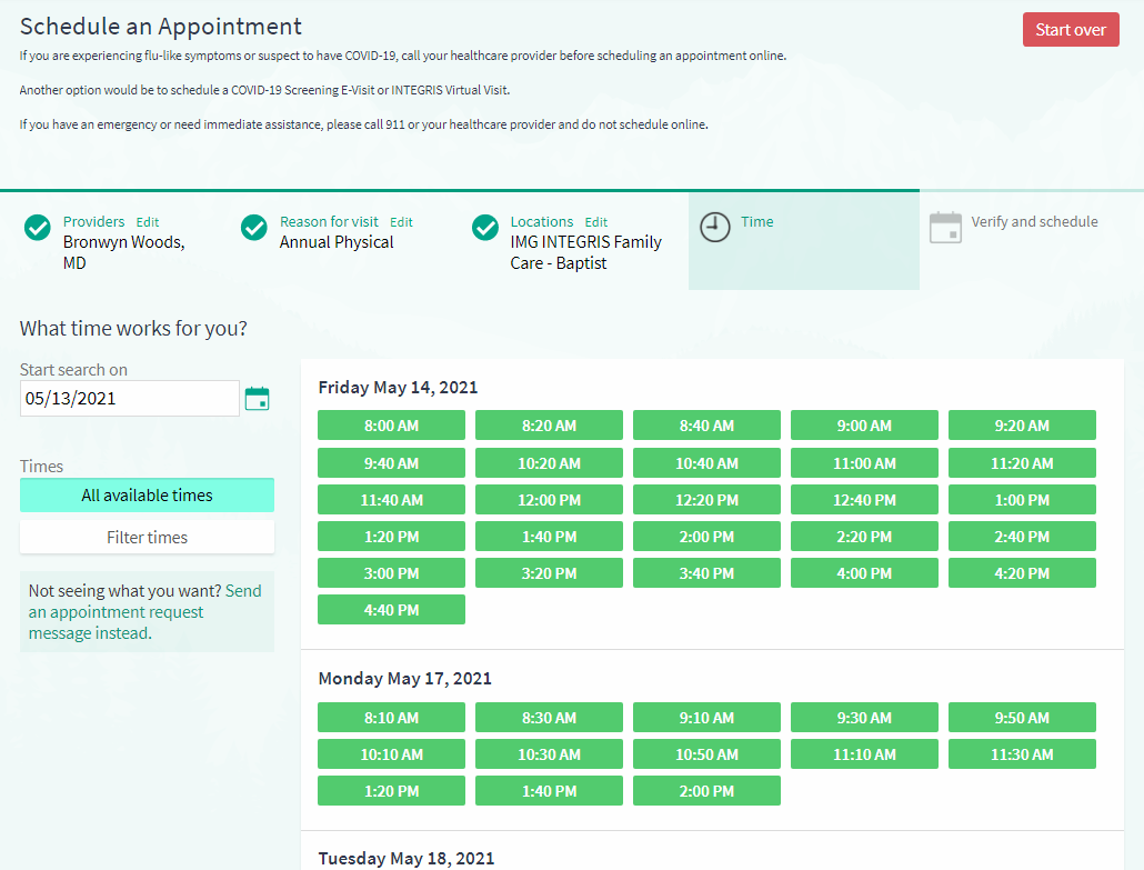 Time slots for available appointments with an INTEGRIS Health doctor